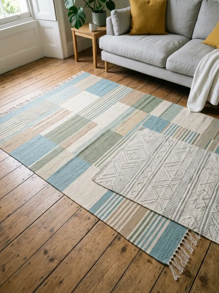 Minimal bedroom with flatweave rug layered on wooden floor in light natural tones