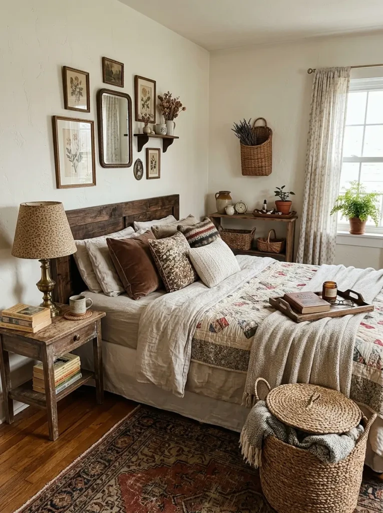 Warm bedroom decor with woven baskets, vintage lamps, and layered textures