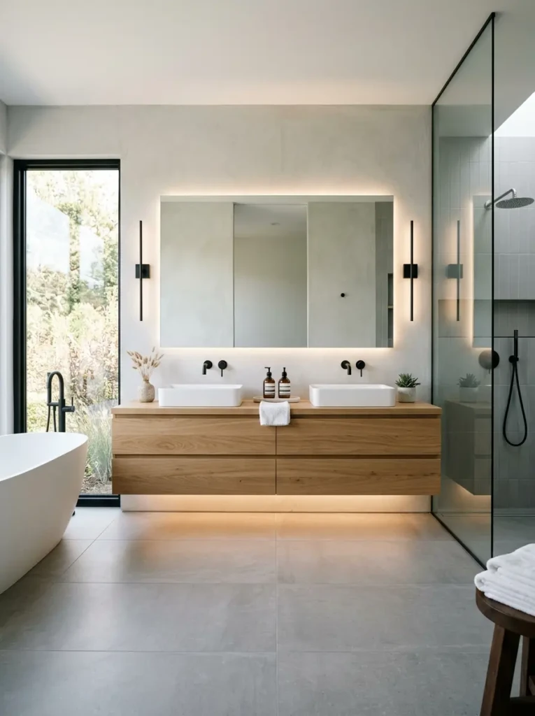 Modern floating double vanity with wall-mounted cabinets, under-cabinet lighting, and spacious minimalist bathroom styling.