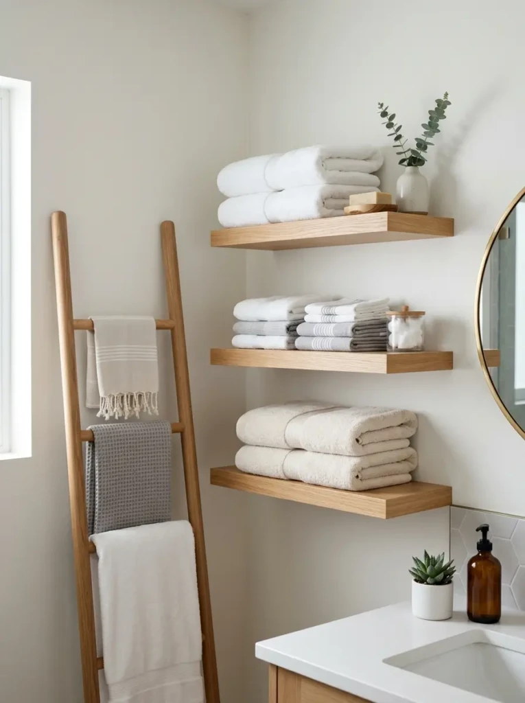 Floating wooden shelves displaying neatly folded towels in a modern guest bathroom.