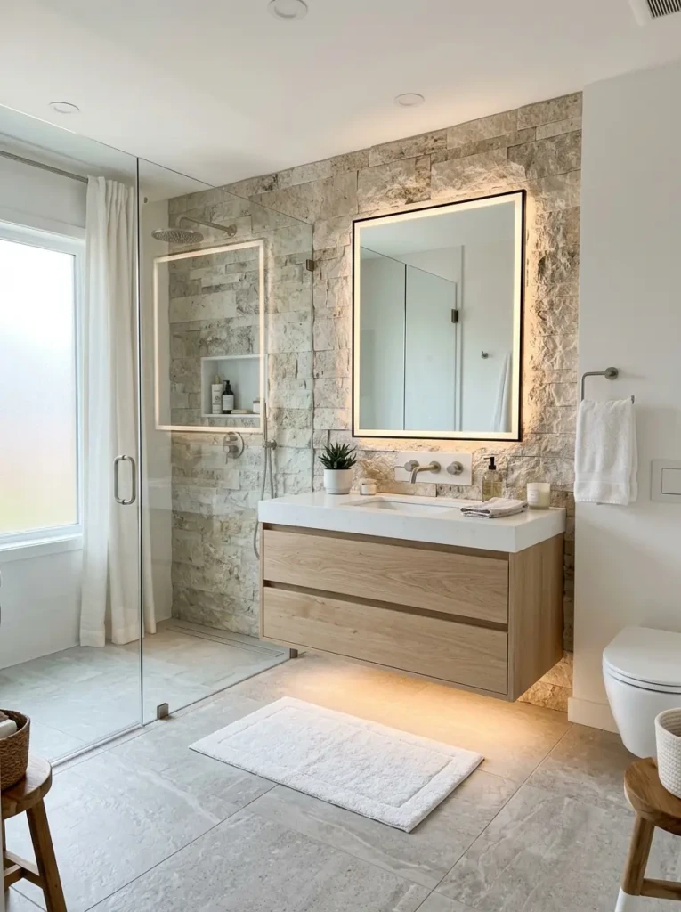 Luxury bathroom with ribbed wood cabinetry, marble counters, and linen curtains