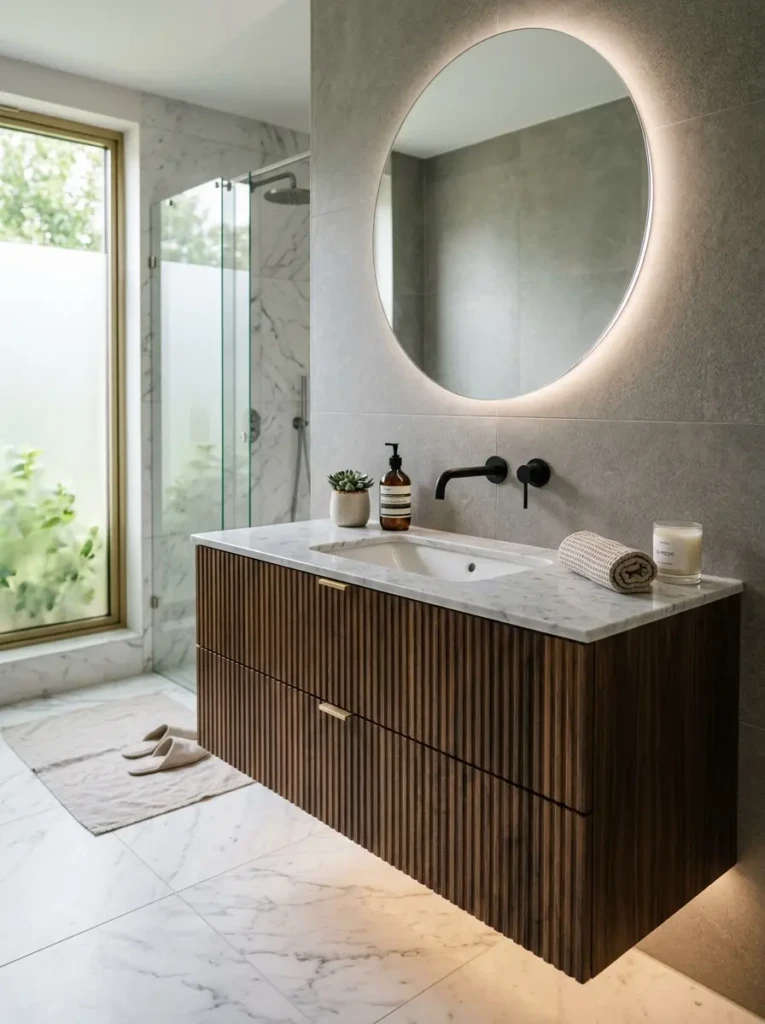 Elegant floating vanity with marble countertop and modern luxury bathroom styling