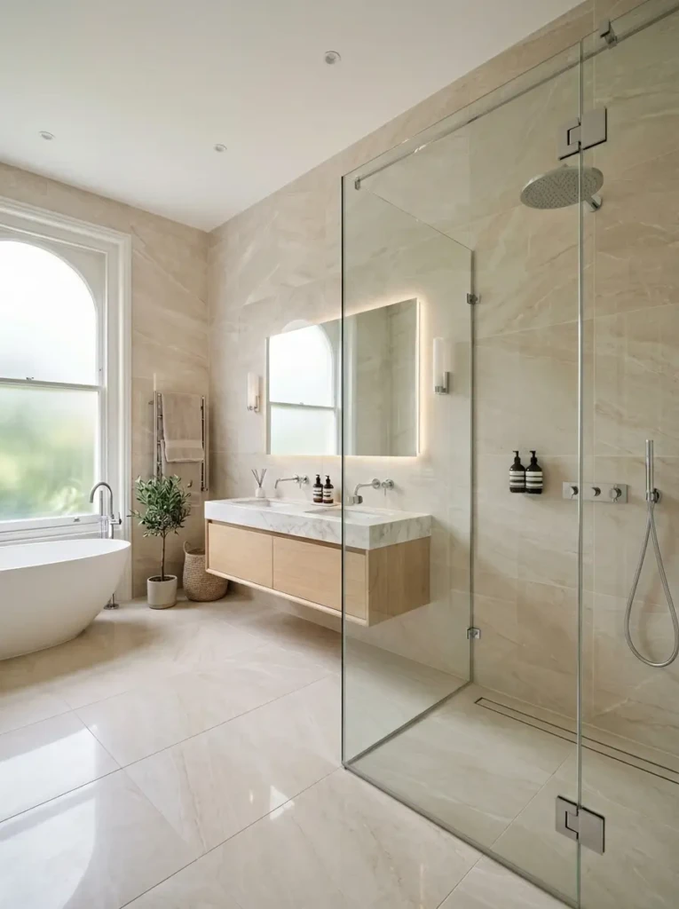 Sleek luxury bathroom with large neutral tiles and seamless modern shower design