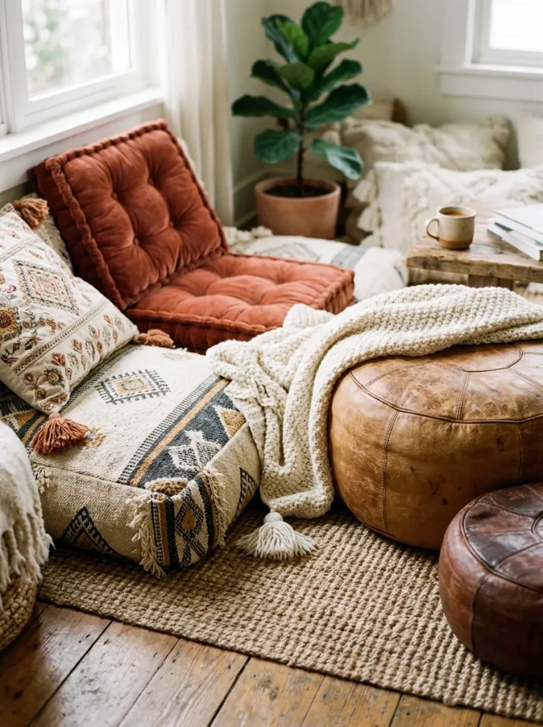 Close-up of soft floor cushions and leather poufs adding texture and comfort to a boho living room.