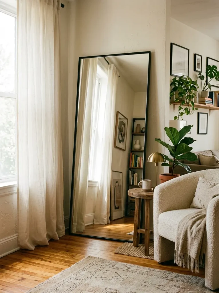 Cozy apartment with large leaning mirror, linen curtains, and warm natural light.