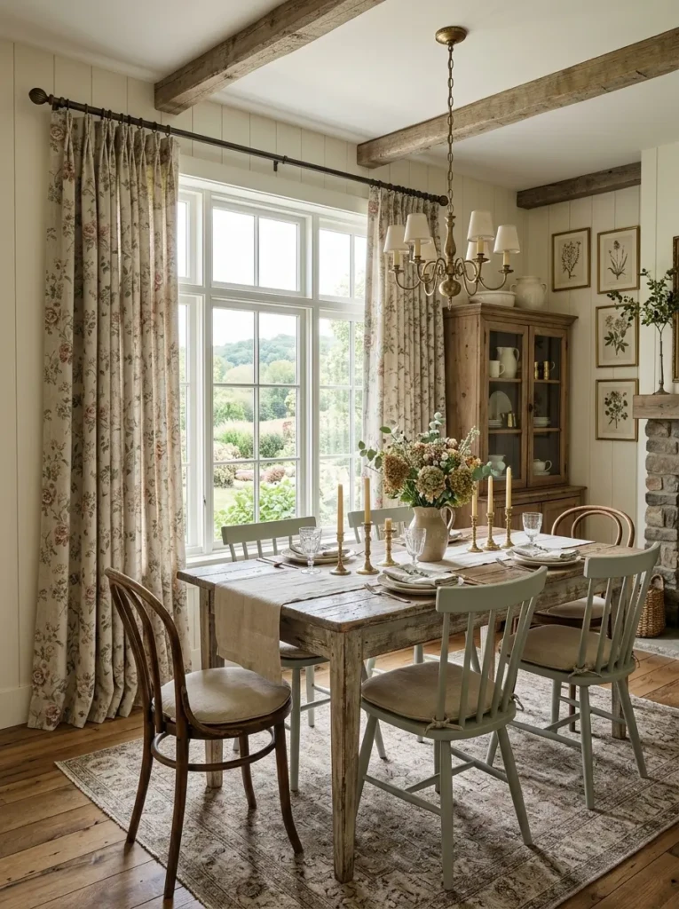 Soft floral farmhouse curtains styled with weathered wood furniture and brass accents.