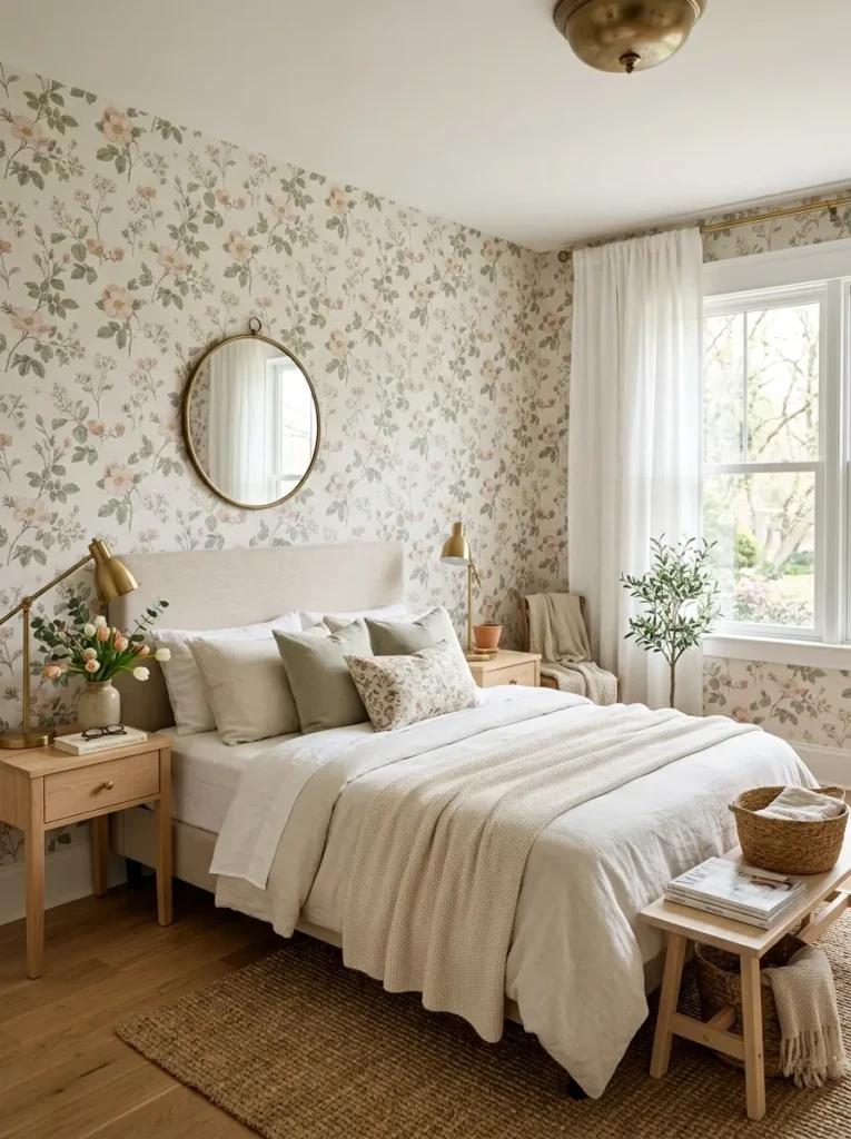 Spring bedroom with floral wallpaper, brass accents, and sheer white curtains