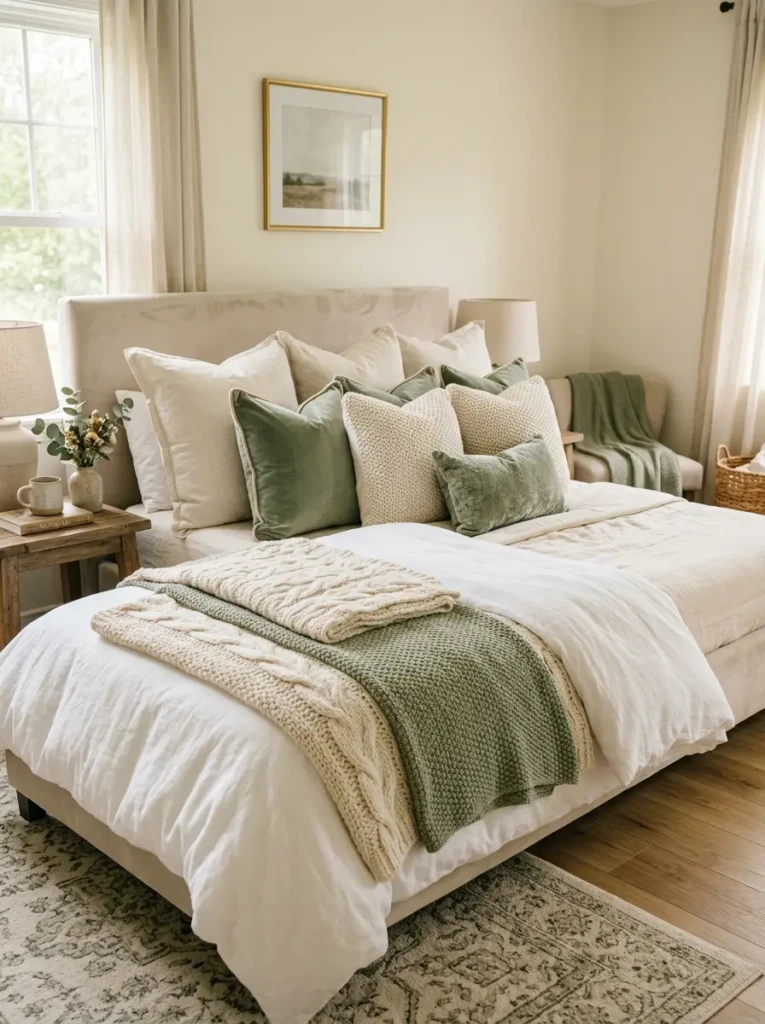Fluffy layered bed with textured blankets and elegant neutral pillows in cozy bedroom