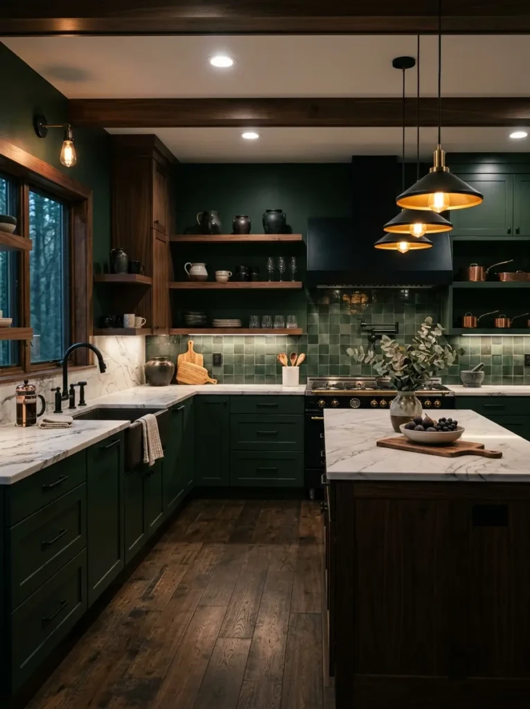 Dark forest green kitchen featuring marble countertops, black fixtures, and warm layered lighting