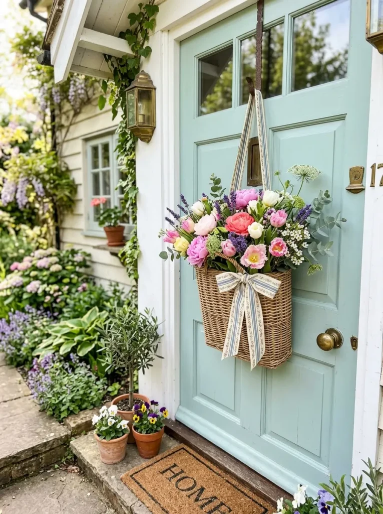 Woven basket hanging on a pastel front door filled with tulips, peonies, eucalyptus, lavender, and soft ribbon.