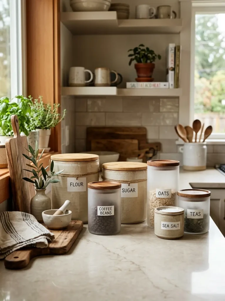 Frosted glass and stoneware containers styled neatly on elegant kitchen counter