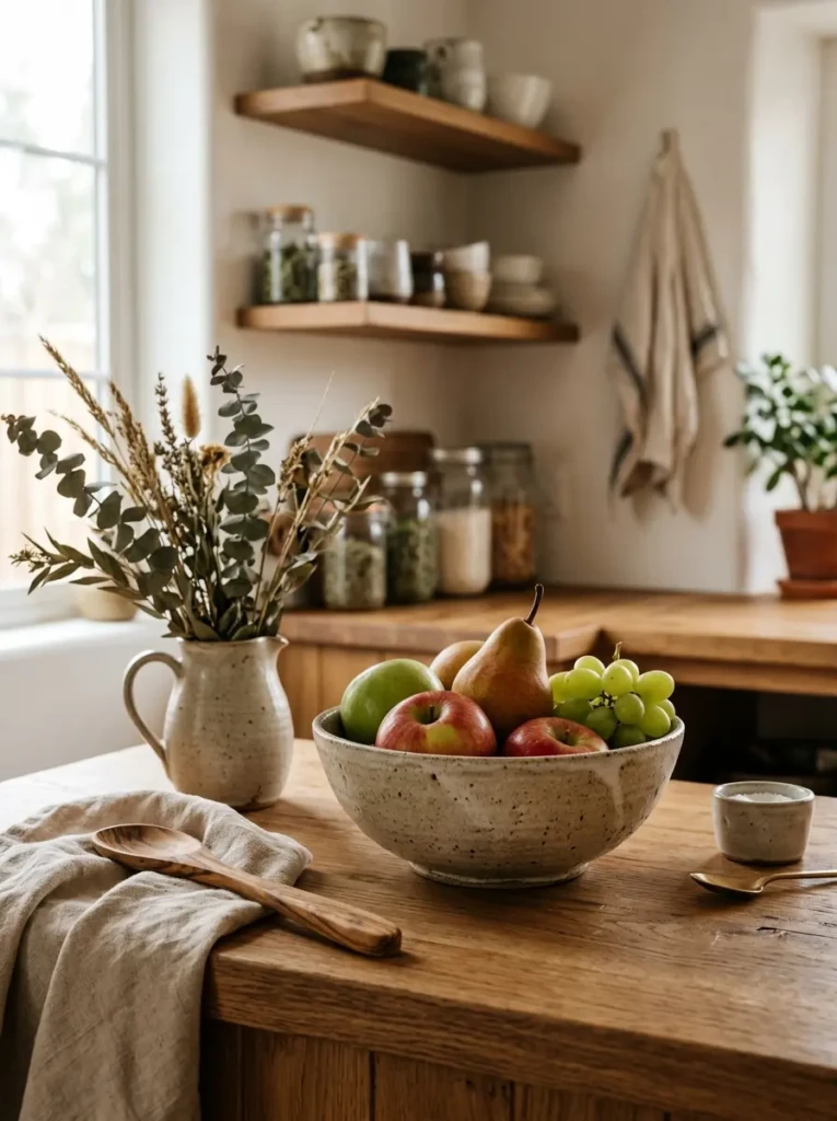 Handmade pottery fruit bowl in a warm neutral kitchen setting