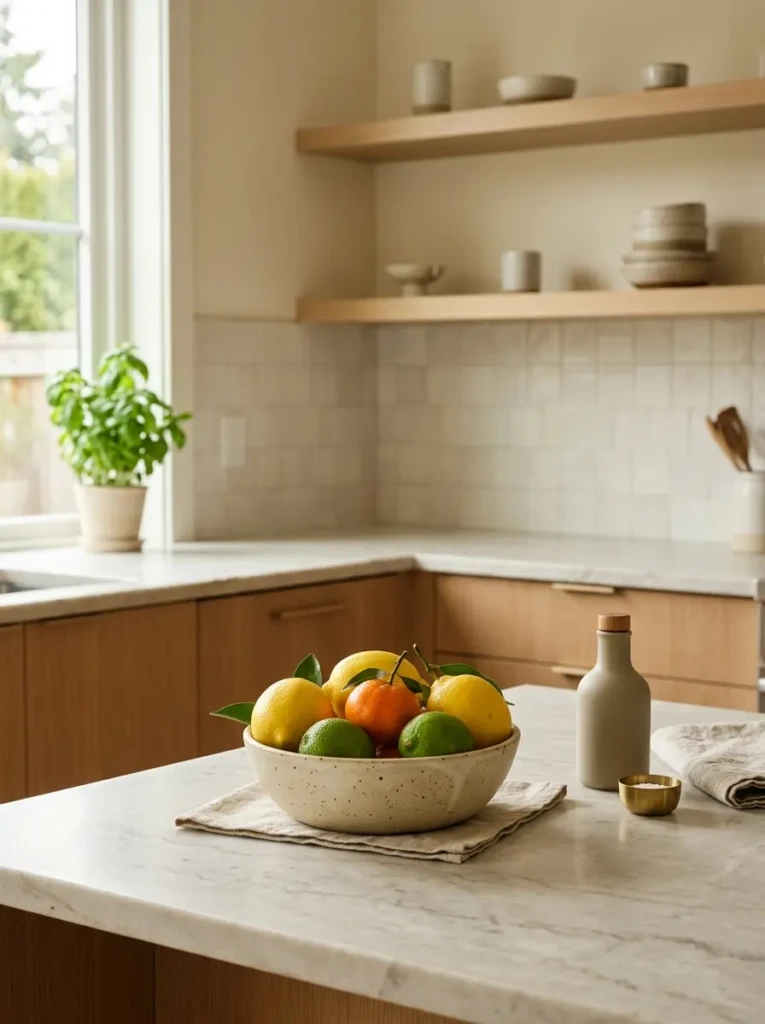 Textured stoneware fruit bowl with citrus fruits in clean airy kitchen setting