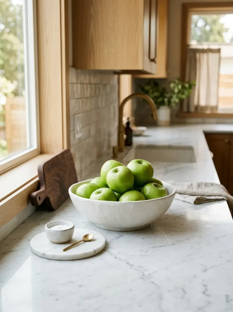 Minimal fruit bowl styling with green apples and elegant marble accents.