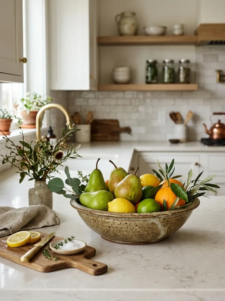 Elegant stoneware fruit bowl with pears and citrus on airy neutral kitchen counter