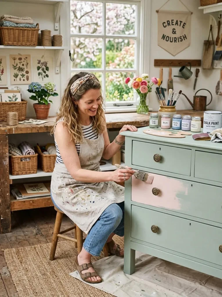 DIY pastel furniture makeover with matte finishes and vintage hardware details