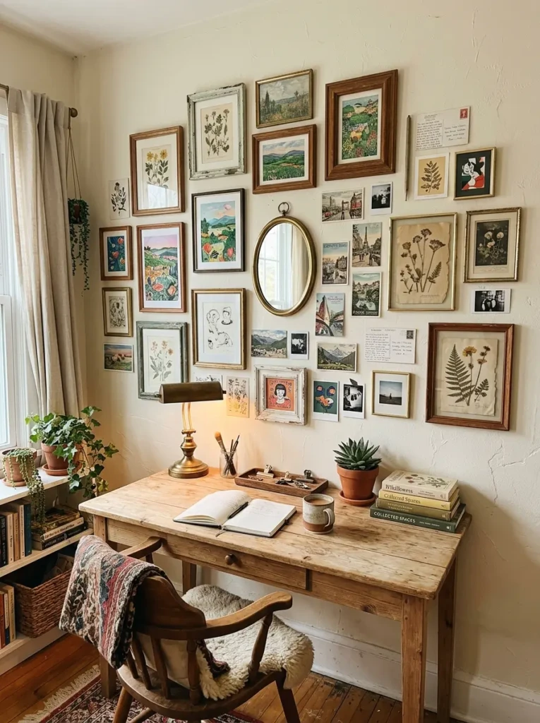 Bedroom gallery wall with thrifted frames, art prints, postcards, mirror, and pressed flowers.