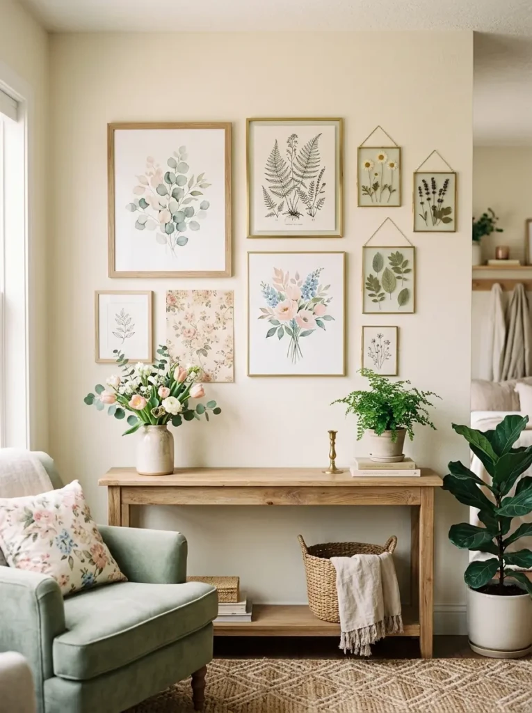 Spring gallery wall with botanical sketches, pressed flower frames, watercolor leaf art, and light wood and brass frames.