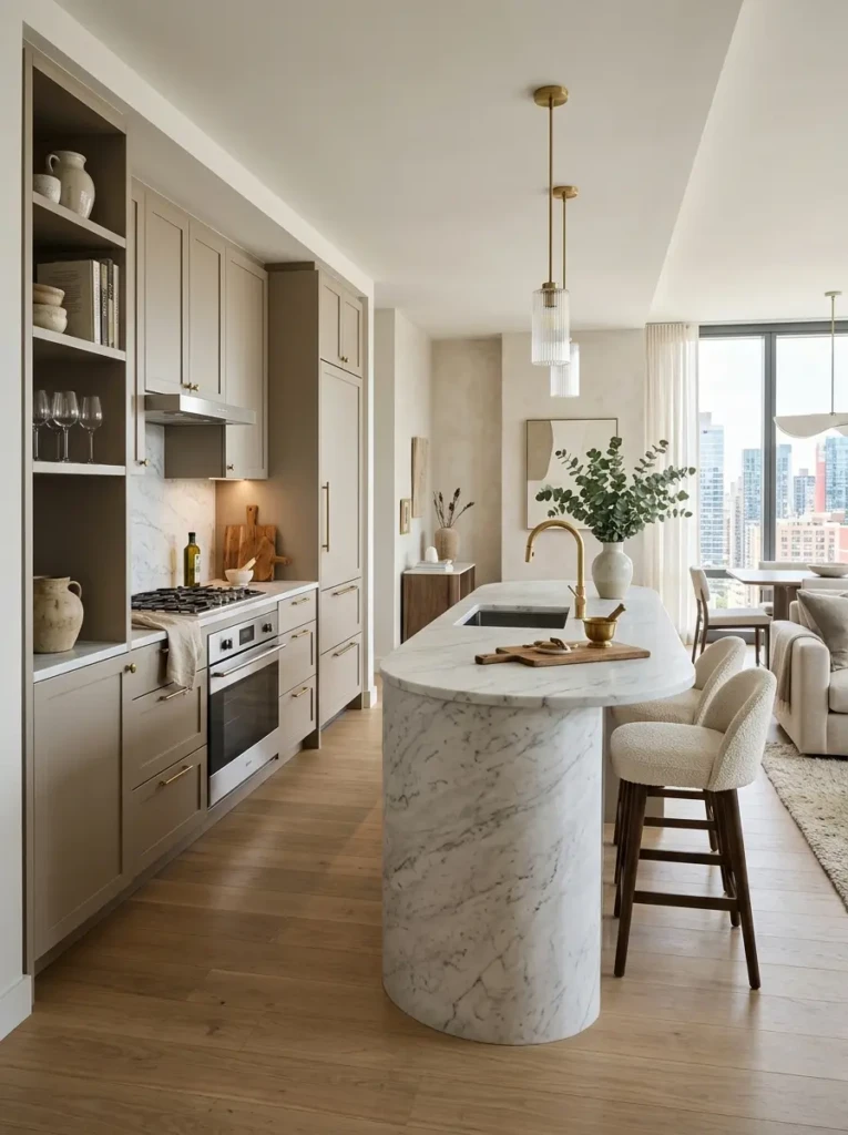 Stylish galley kitchen featuring a curved marble island and warm taupe cabinets.