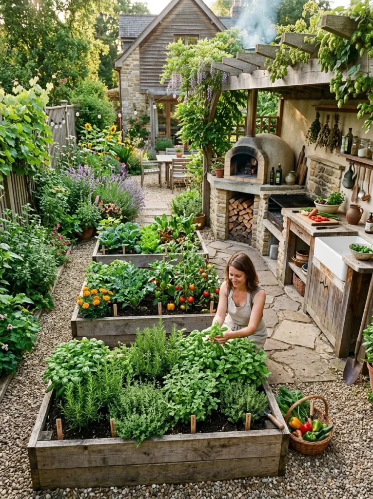 Outdoor cooking area with raised garden beds and fresh herbs