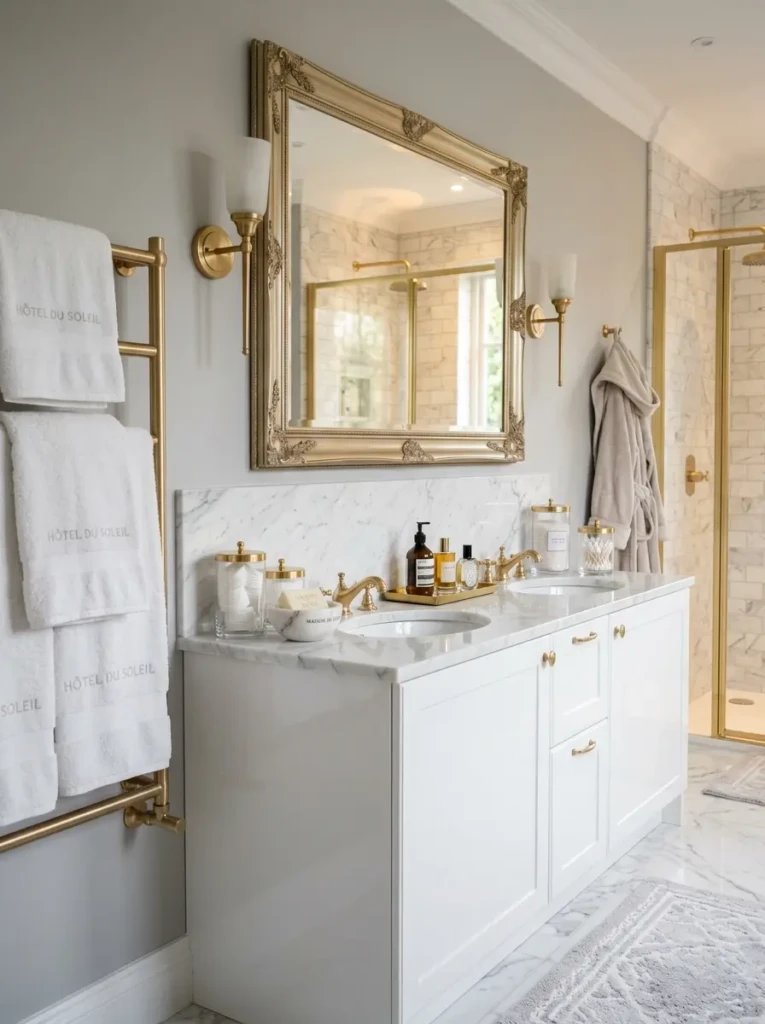 Luxurious hotel-style bathroom with marble surfaces, gold fixtures, statement mirror, glass jars, plush towels, and elegant lighting.