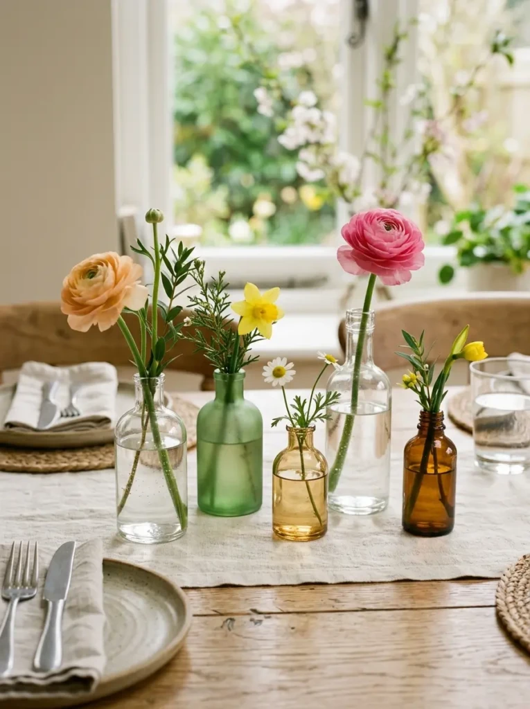 Clear, green, amber, and frosted glass bottles used as bud vases with single spring flower stems on a dining table.
