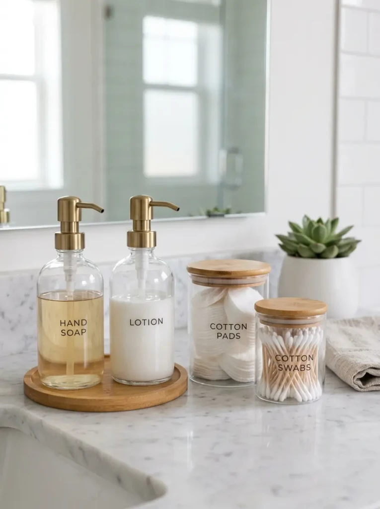 A bathroom shelf with glass dispensers and matching jars for toiletries creating a cohesive and minimal design