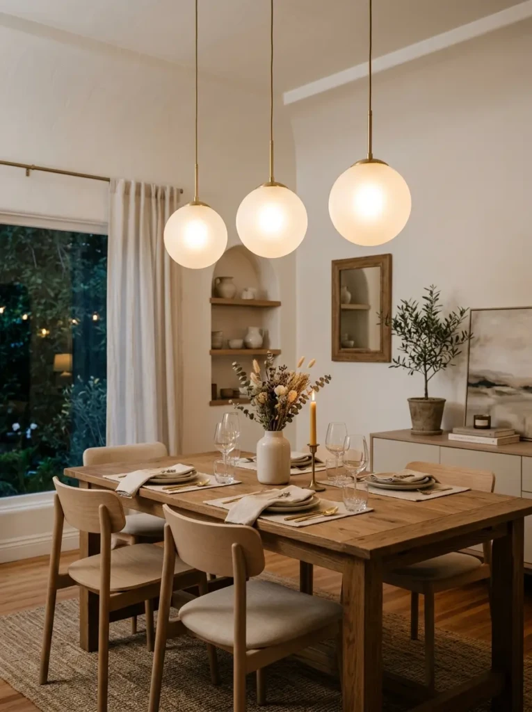 Frosted globe pendant lights creating soft warm glow in elegant dining room