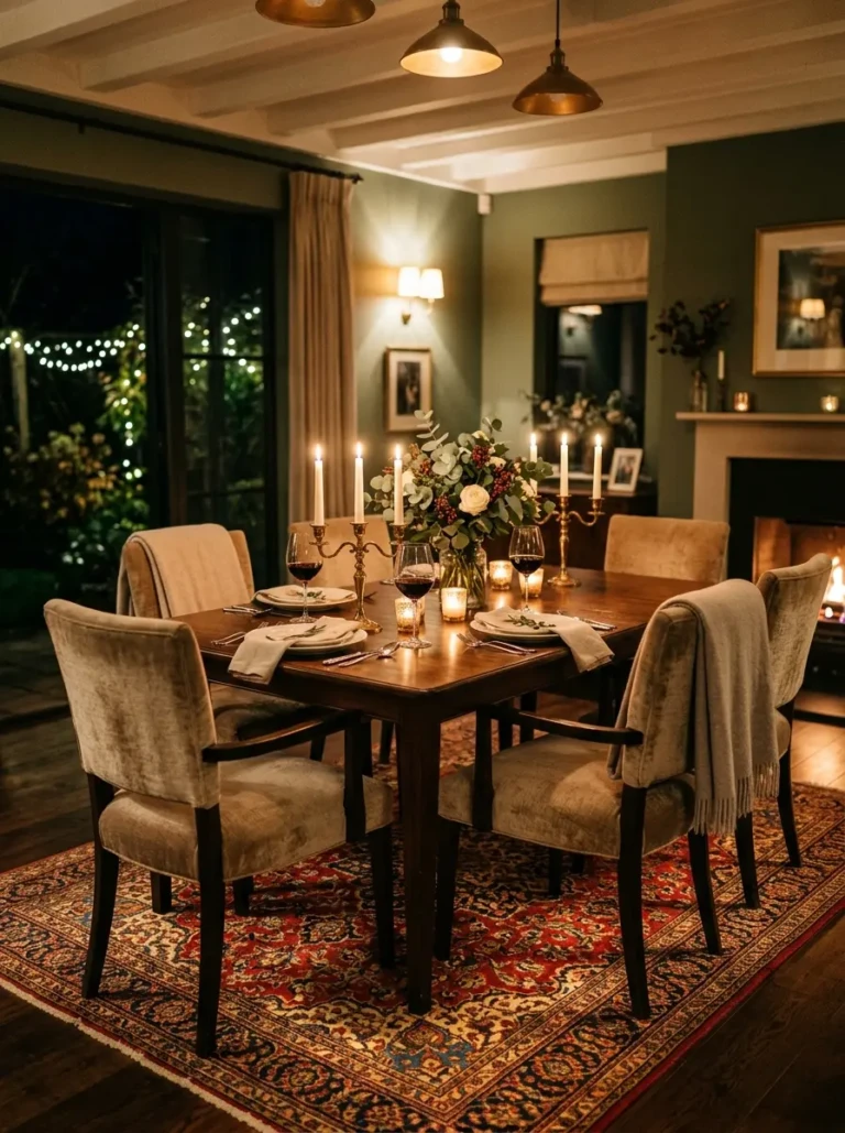Warm candlelit dining room featuring a beautiful area rug, elegant table setting, and inviting cozy atmosphere.