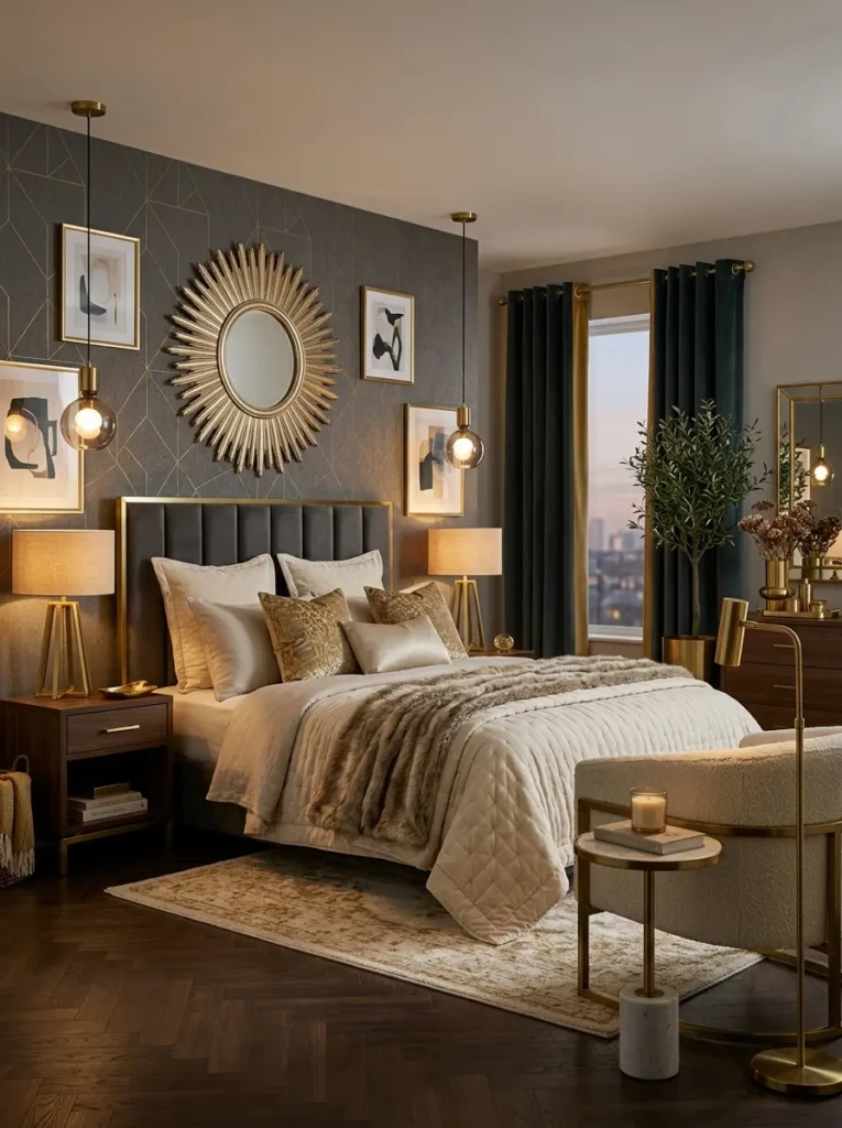 Cozy elegant bedroom featuring gold and brass decorative accents