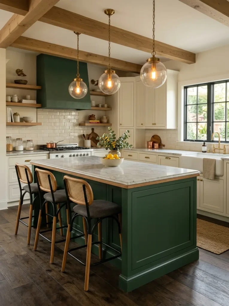 Neutral kitchen with deep green island, warm pendant lights, and elegant modern styling