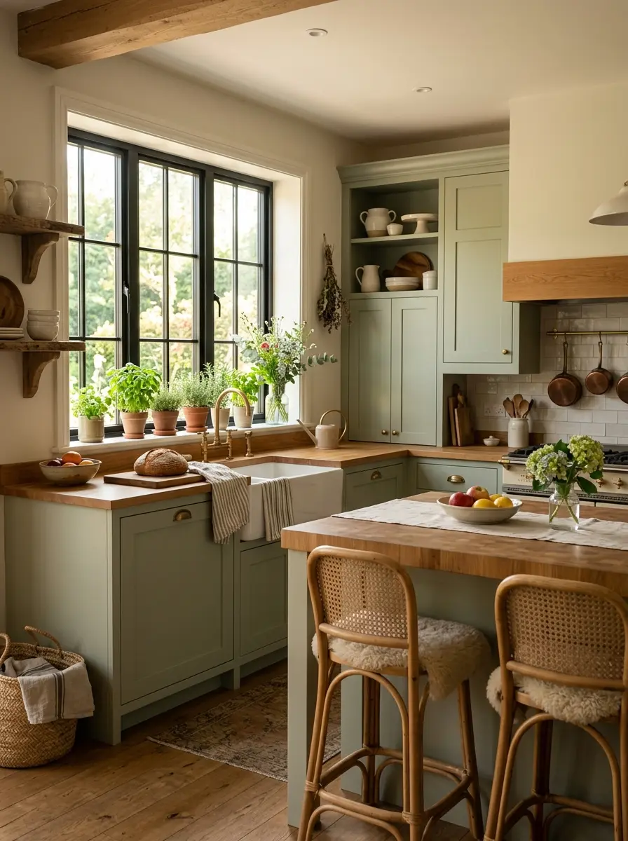 Dreamy sage green kitchen with morning sunlight, fresh herbs, warm wood accents, and a cozy elegant atmosphere.
