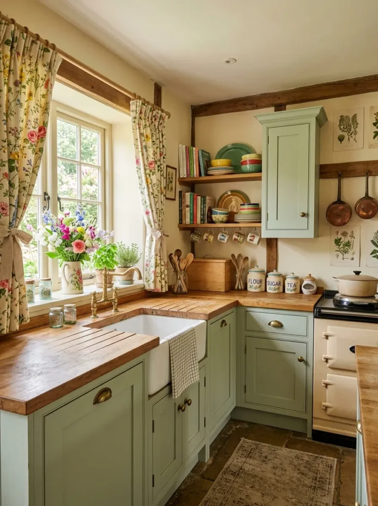 Cottage green kitchen with butcher block counters, floral curtains, and warm farmhouse decor
