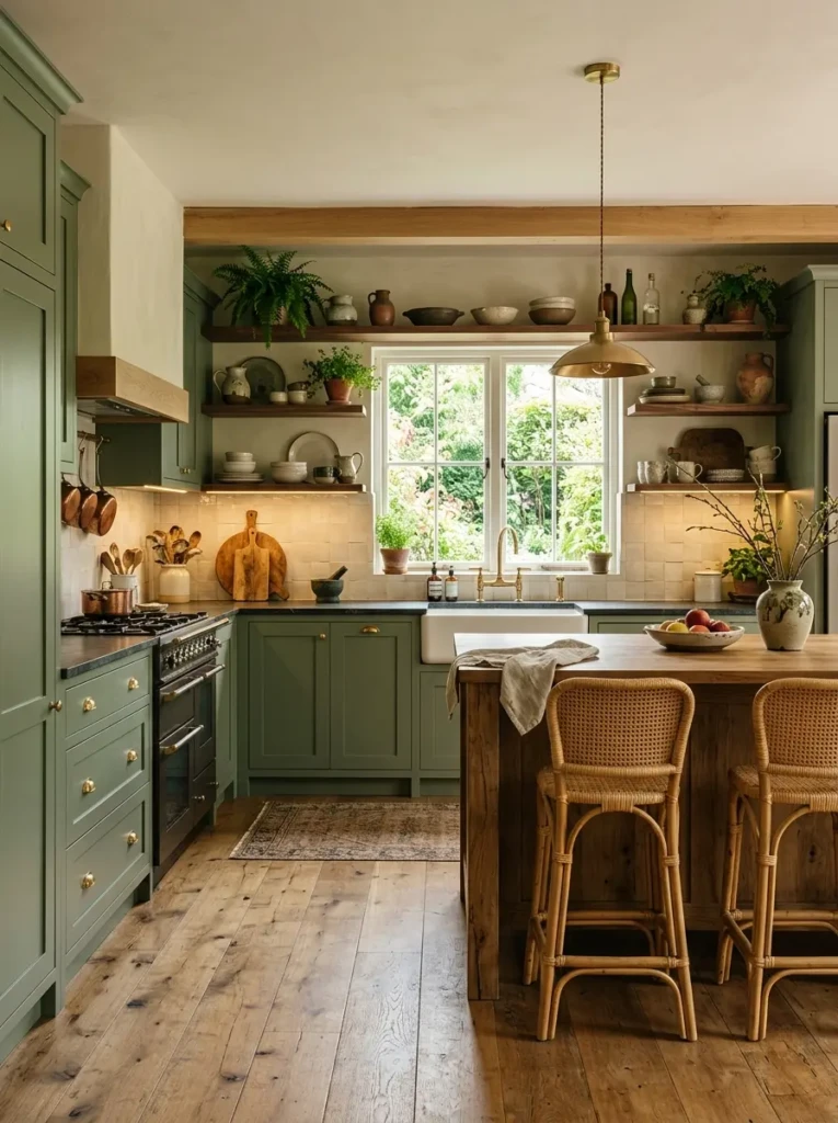 Cozy green kitchen with walnut shelving, oak floors, and warm organic textures