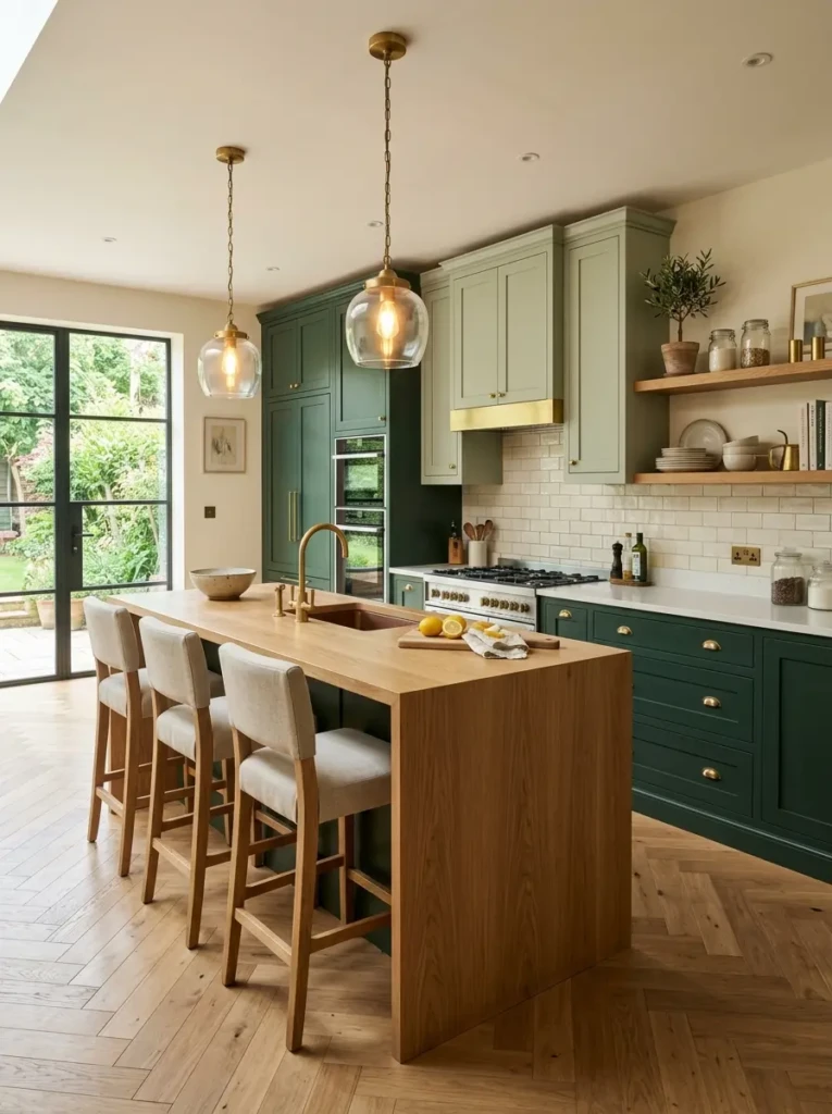 Two-tone green kitchen featuring dark lower cabinets, soft sage uppers, and wood shelving