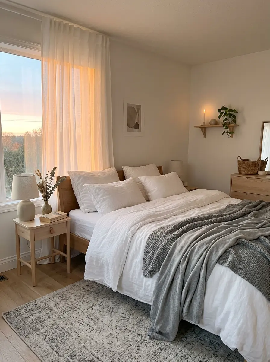 Cozy grey and white bedroom with layered bedding and sunlight filtering through sheer curtains creating a calm airy atmosphere