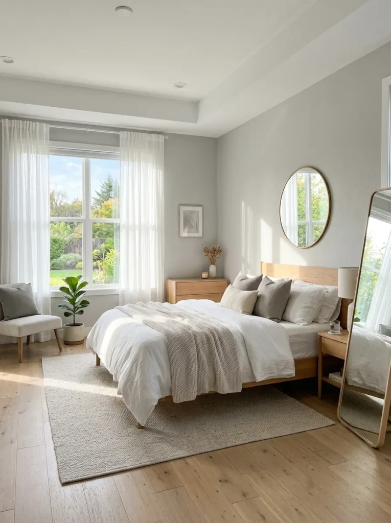 A bright bedroom with light grey walls, sheer curtains, and natural light creating an open and refreshing atmosphere.