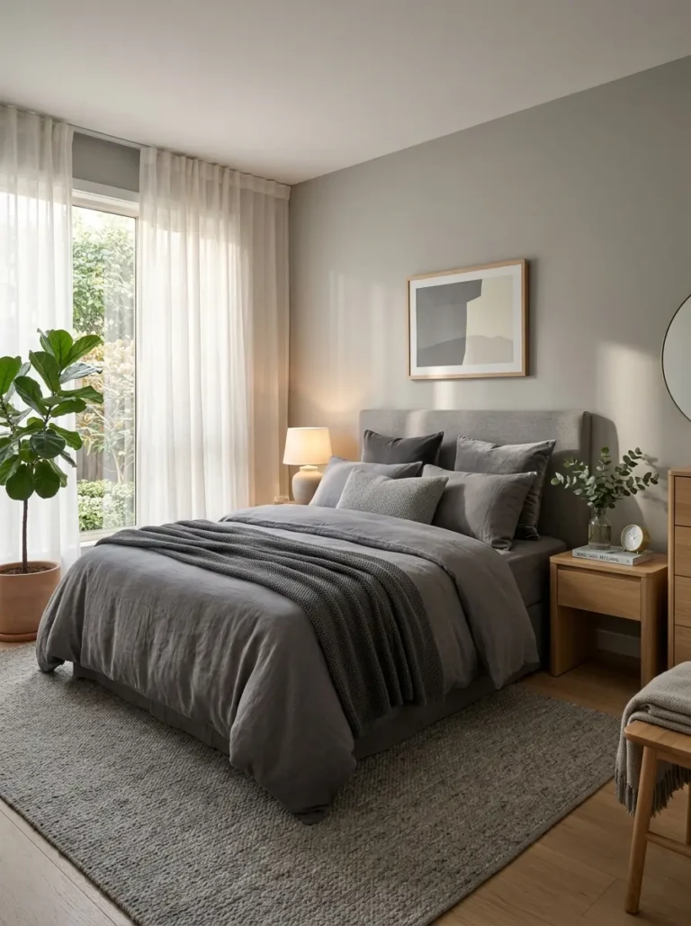A cozy grey bedroom with soft morning light, sheer curtains, and layered bedding creating a calm and elegant atmosphere.