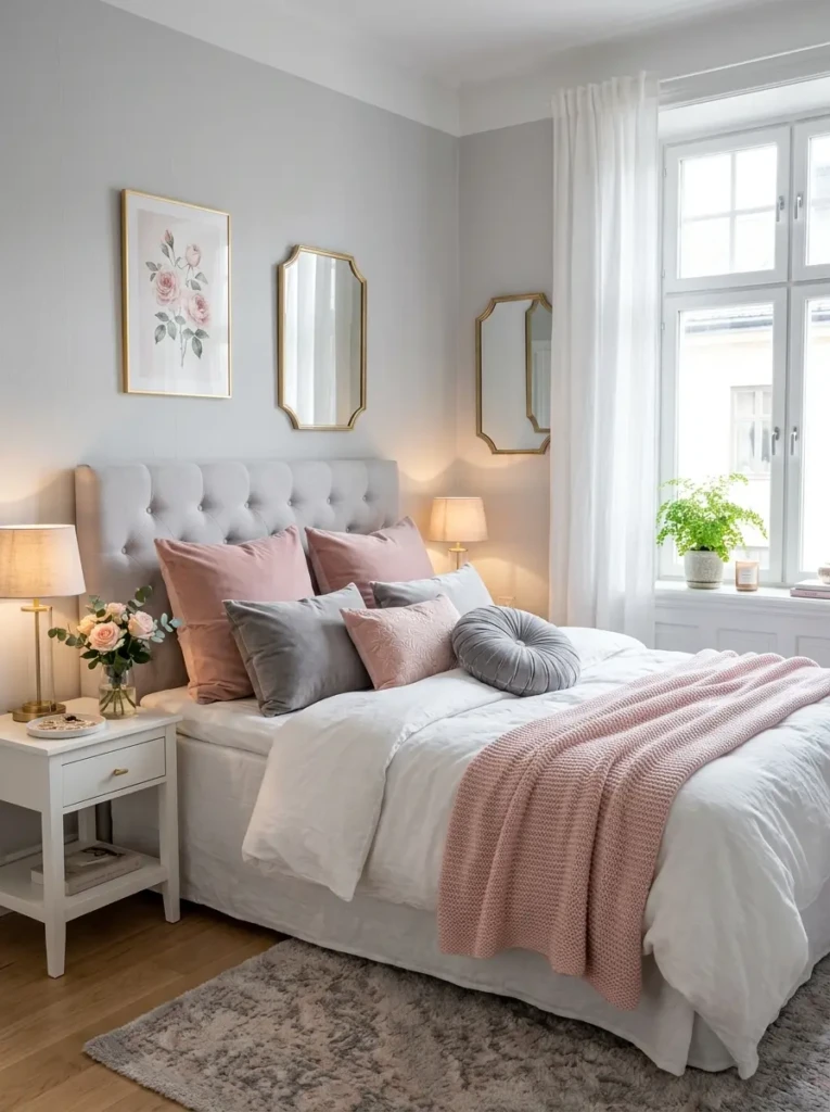 A dreamy bedroom with grey walls, blush pink cushions, and velvet textures creating a soft and romantic atmosphere.