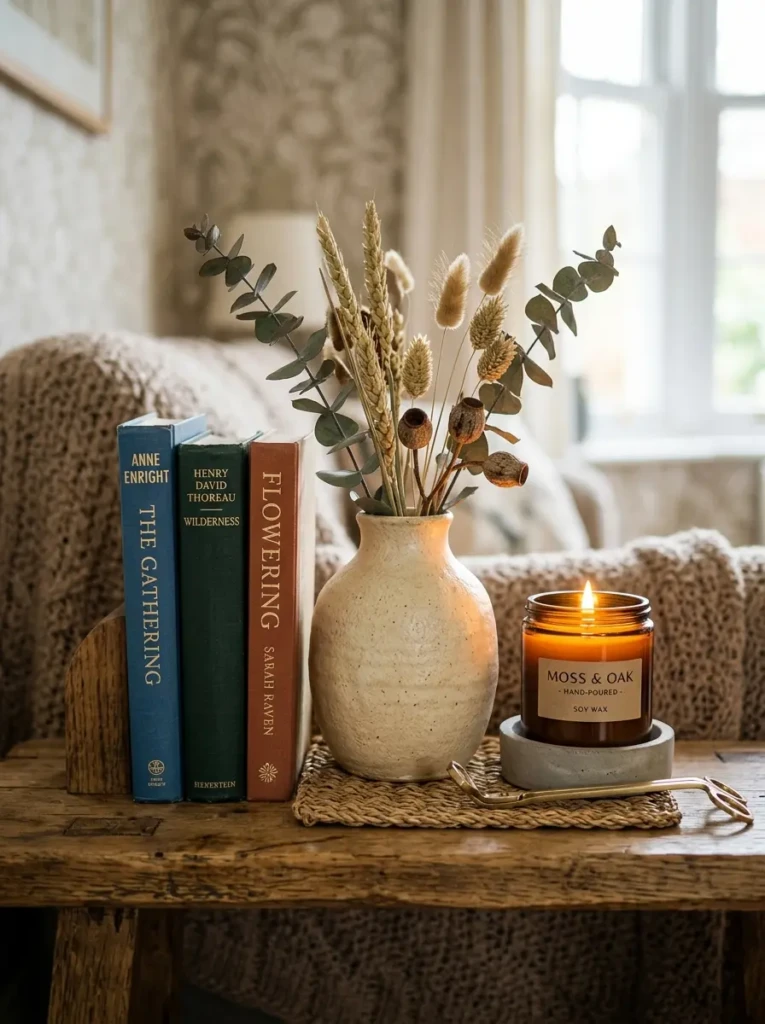 grouping of books candle and vase arranged in odd number composition