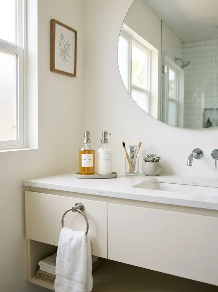 Modern guest bathroom featuring matching storage containers and elegant accessories.
