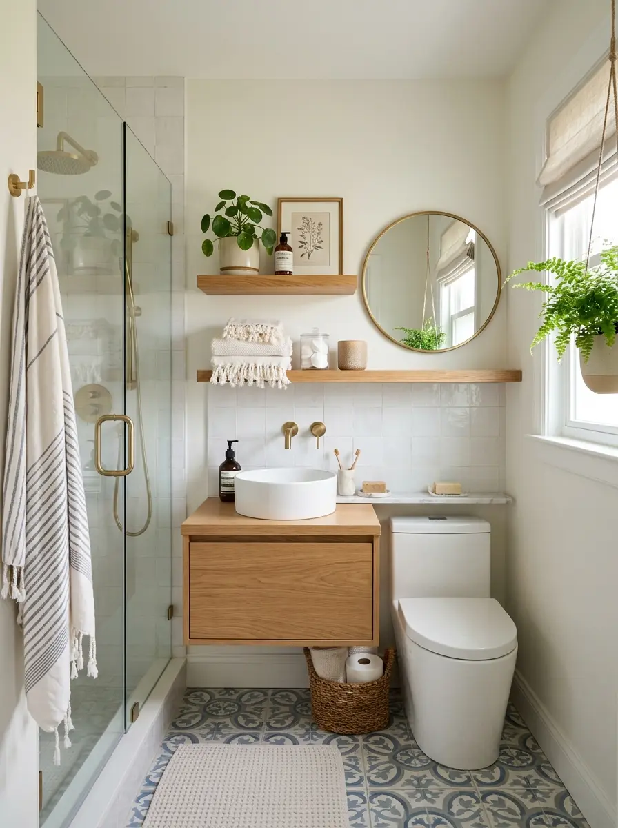 Compact guest bathroom featuring floating shelves, greenery, and charming decorative details.