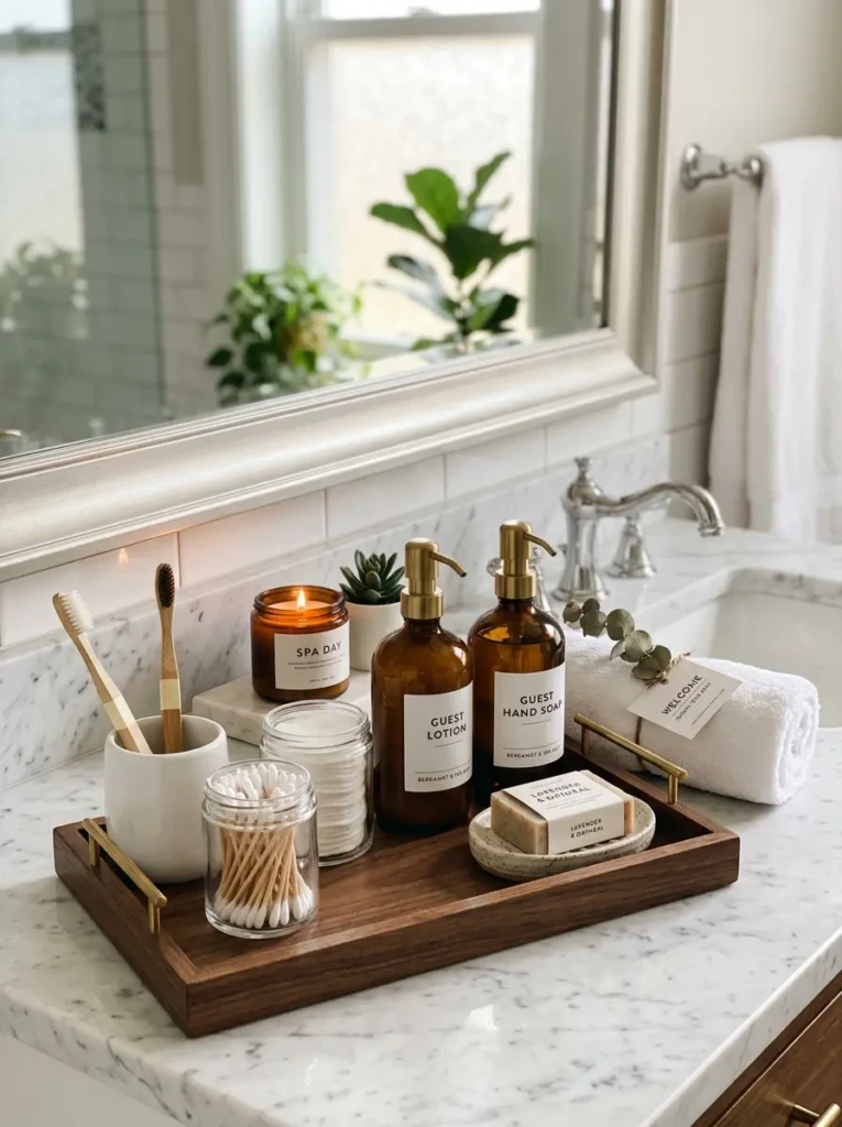 Guest bathroom amenity station stocked with toiletries and personal care items.