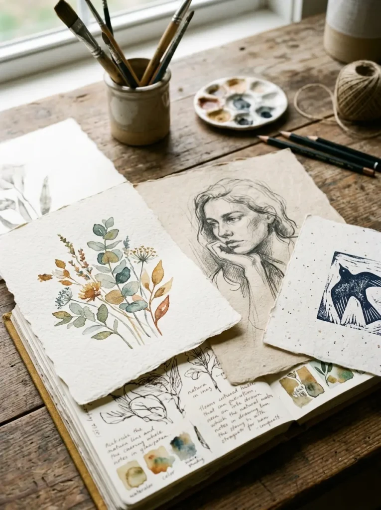 Close-up of artistic decor featuring textured paper and earthy colors.