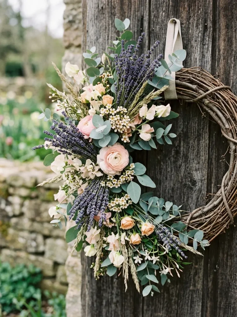 Close-up of asymmetrical floral wreath with lavender, ribbon, and greenery