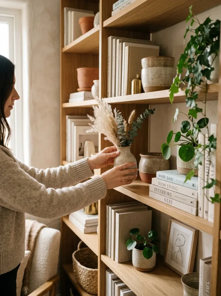 hands selecting books plants and ceramic decor items for living room shelf styling