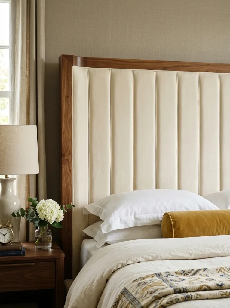 Close-up of cream tufted headboard with sophisticated luxury bedroom styling