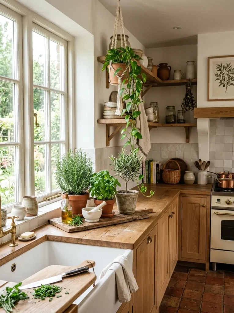 Basil, rosemary, pothos, and olive tree plants enhancing a stylish kitchen.