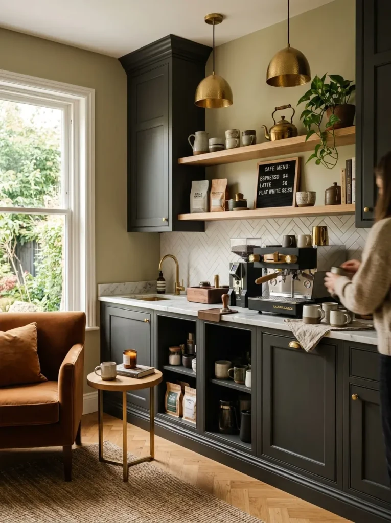 Stylish coffee station with shelving, espresso machine, and cozy seating in a dining room makeover.