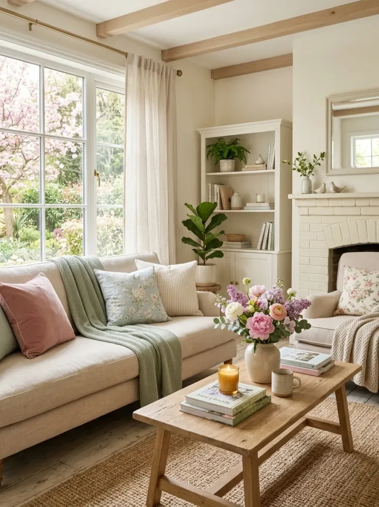 Elegant spring home interior with pastel palette, cozy textures, and airy sunlight